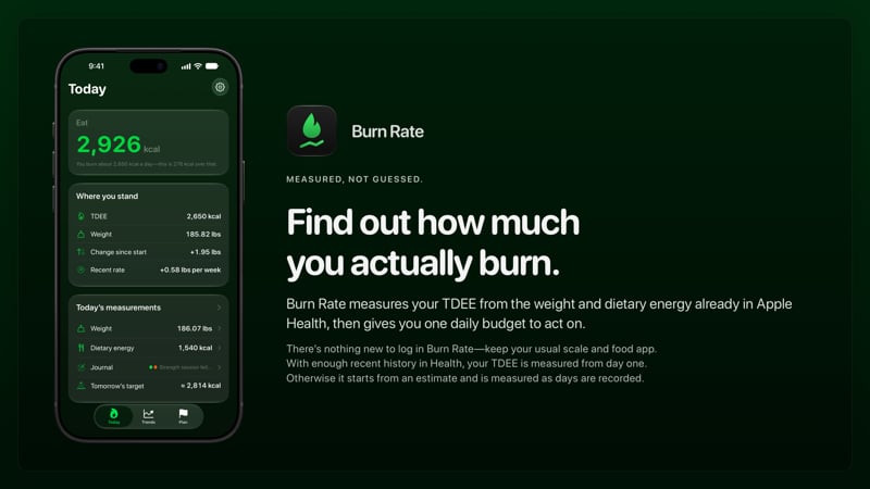 The Burn Rate share image, showing the app on iPhone 18 Pro Max with its icon, name and headline for the gain story, in the Green tint, dark appearance.