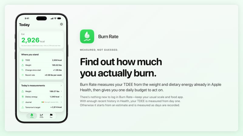 The Burn Rate share image, showing the app on iPhone 18 Pro Max with its icon, name and headline for the gain story, in the Green tint, light appearance.