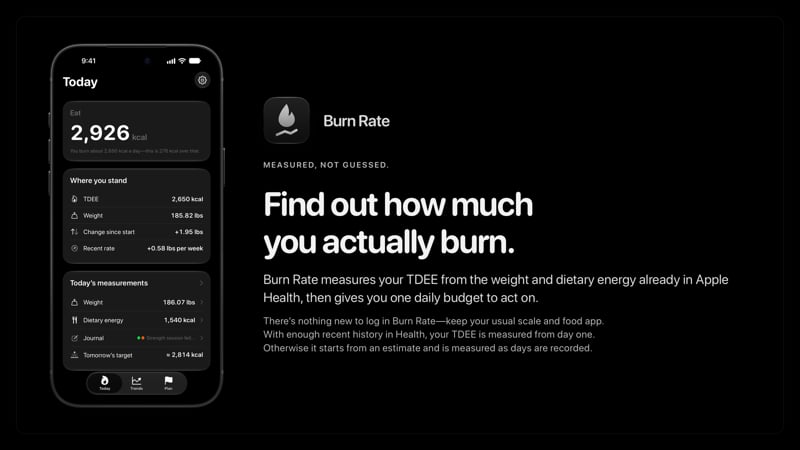 The Burn Rate share image, showing the app on iPhone 18 Pro Max with its icon, name and headline for the gain story, in the Grey tint, dark appearance.