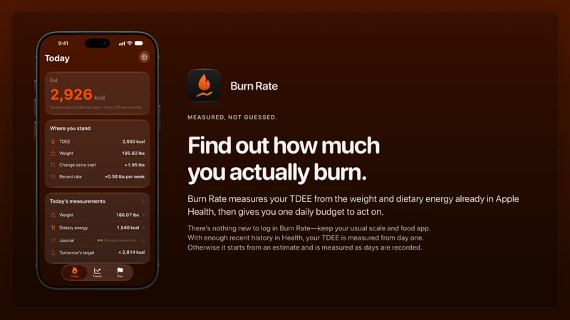 The Burn Rate share image, showing the app on iPhone 18 Pro Max with its icon, name and headline for the gain story, in the Orange tint, dark appearance.
