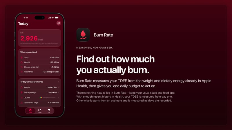 The Burn Rate share image, showing the app on iPhone 18 Pro Max with its icon, name and headline for the gain story, in the Pink tint, dark appearance.