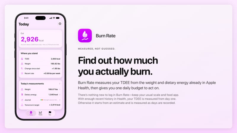 The Burn Rate share image, showing the app on iPhone 18 Pro Max with its icon, name and headline for the gain story, in the Purple tint, light appearance.