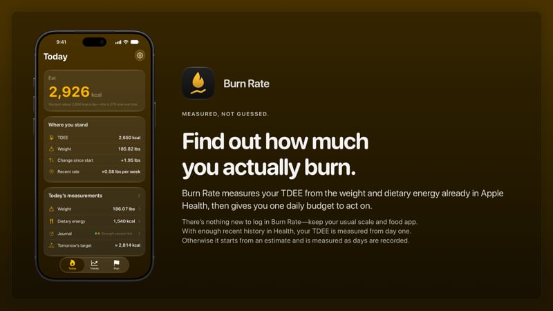 The Burn Rate share image, showing the app on iPhone 18 Pro Max with its icon, name and headline for the gain story, in the Yellow tint, dark appearance.