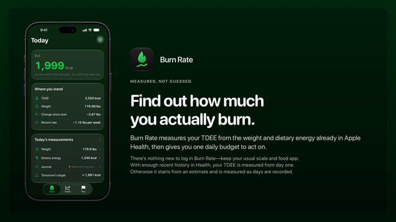 The Burn Rate share image, showing the app on iPhone 18 Pro Max with its icon, name and headline for the loss story, in the Green tint, dark appearance.