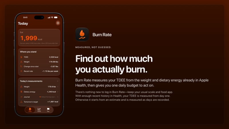 The Burn Rate share image, showing the app on iPhone 18 Pro Max with its icon, name and headline for the loss story, in the Orange tint, dark appearance.