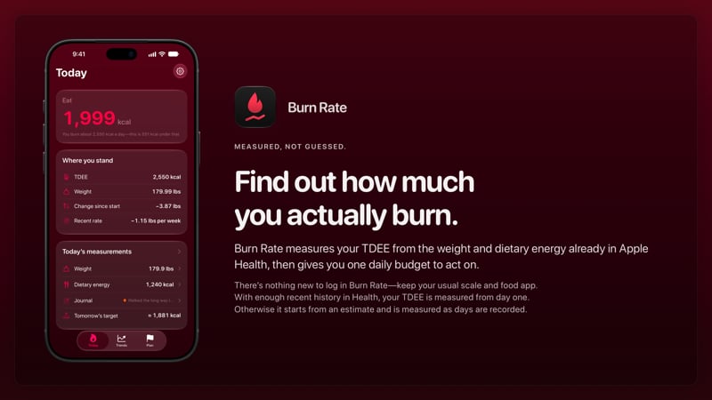 The Burn Rate share image, showing the app on iPhone 18 Pro Max with its icon, name and headline for the loss story, in the Pink tint, dark appearance.