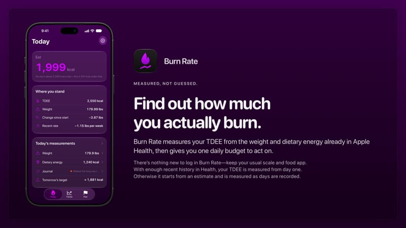 The Burn Rate share image, showing the app on iPhone 18 Pro Max with its icon, name and headline for the loss story, in the Purple tint, dark appearance.