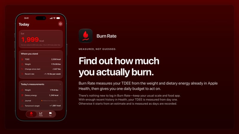 The Burn Rate share image, showing the app on iPhone 18 Pro Max with its icon, name and headline for the loss story, in the Red tint, dark appearance.