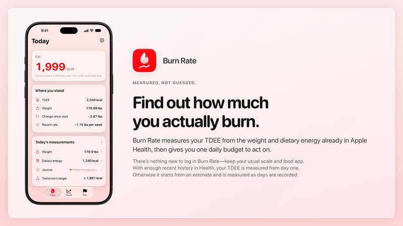The Burn Rate share image, showing the app on iPhone 18 Pro Max with its icon, name and headline for the loss story, in the Red tint, light appearance.