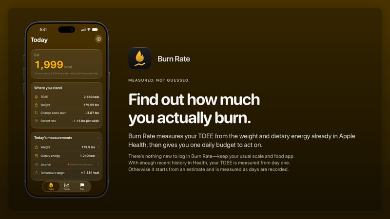 The Burn Rate share image, showing the app on iPhone 18 Pro Max with its icon, name and headline for the loss story, in the Yellow tint, dark appearance.