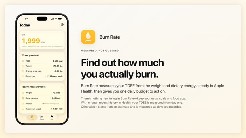 The Burn Rate share image, showing the app on iPhone 18 Pro Max with its icon, name and headline for the loss story, in the Yellow tint, light appearance.