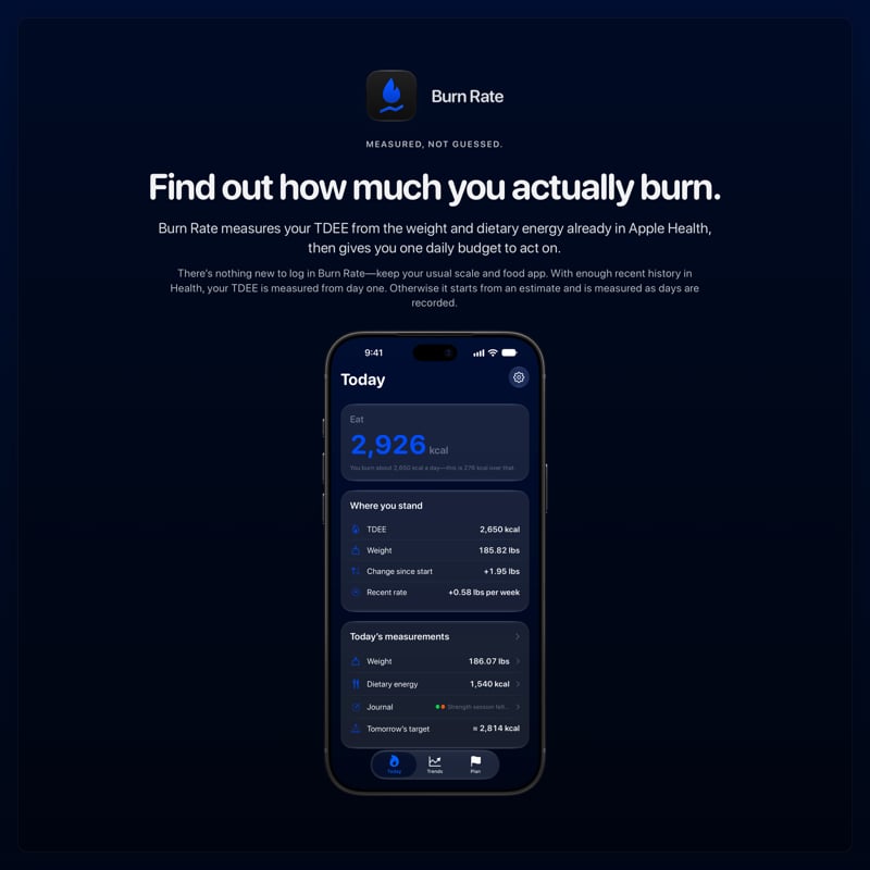 The Burn Rate share image, showing the app on iPhone 18 Pro Max with its icon, name and headline for the gain story, in the Blue tint, dark appearance.