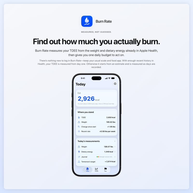 The Burn Rate share image, showing the app on iPhone 18 Pro Max with its icon, name and headline for the gain story, in the Blue tint, light appearance.