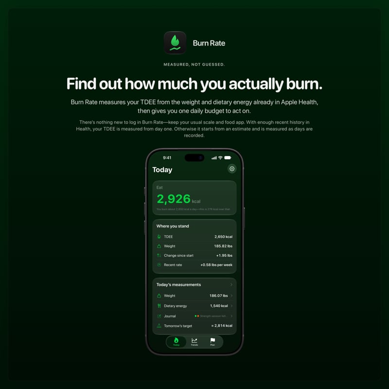 The Burn Rate share image, showing the app on iPhone 18 Pro Max with its icon, name and headline for the gain story, in the Green tint, dark appearance.
