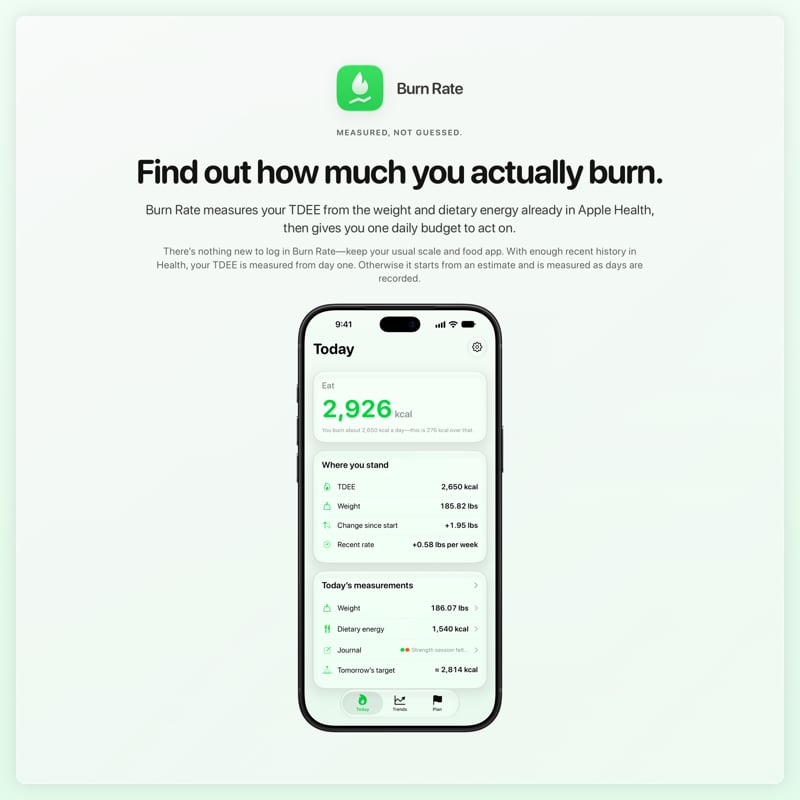 The Burn Rate share image, showing the app on iPhone 18 Pro Max with its icon, name and headline for the gain story, in the Green tint, light appearance.