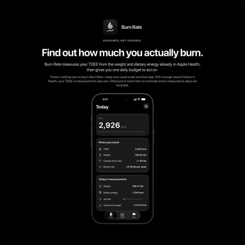 The Burn Rate share image, showing the app on iPhone 18 Pro Max with its icon, name and headline for the gain story, in the Grey tint, dark appearance.