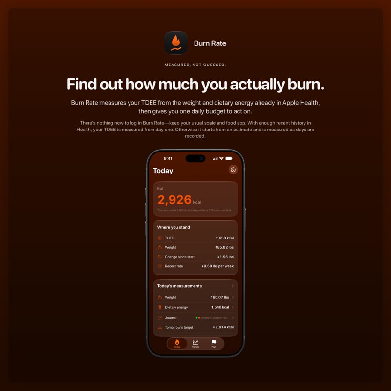 The Burn Rate share image, showing the app on iPhone 18 Pro Max with its icon, name and headline for the gain story, in the Orange tint, dark appearance.