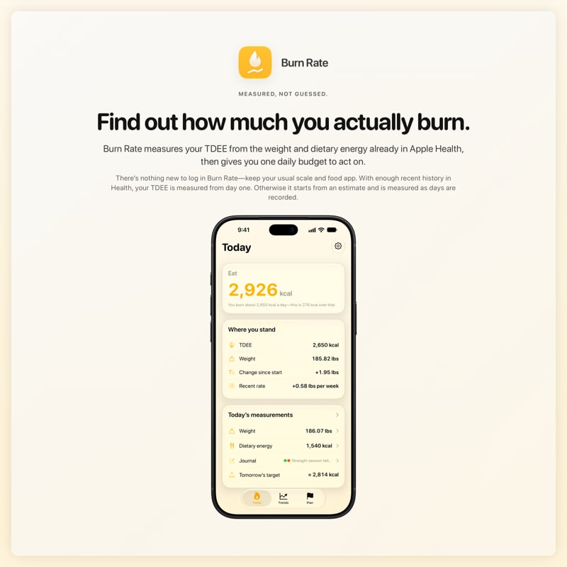 The Burn Rate share image, showing the app on iPhone 18 Pro Max with its icon, name and headline for the gain story, in the Yellow tint, light appearance.