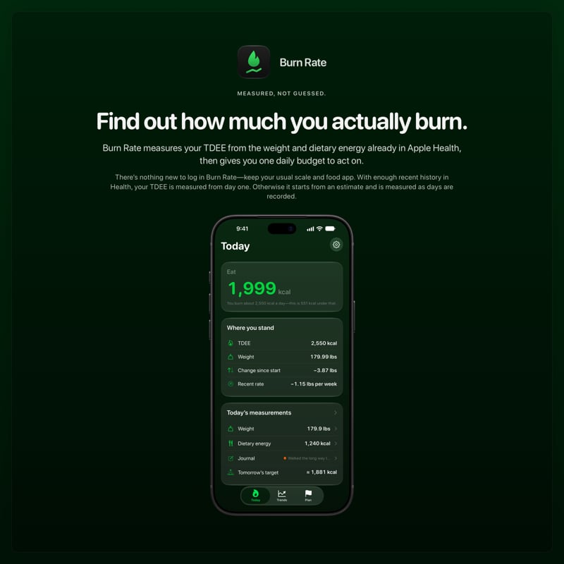The Burn Rate share image, showing the app on iPhone 18 Pro Max with its icon, name and headline for the loss story, in the Green tint, dark appearance.