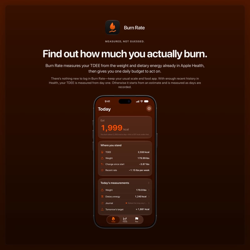 The Burn Rate share image, showing the app on iPhone 18 Pro Max with its icon, name and headline for the loss story, in the Orange tint, dark appearance.