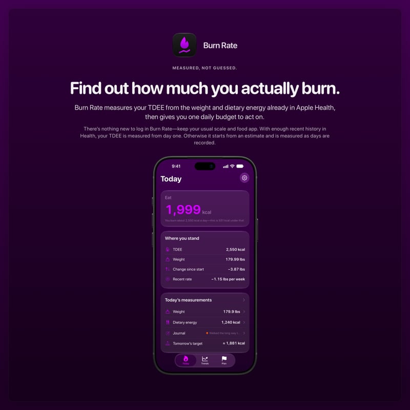 The Burn Rate share image, showing the app on iPhone 18 Pro Max with its icon, name and headline for the loss story, in the Purple tint, dark appearance.
