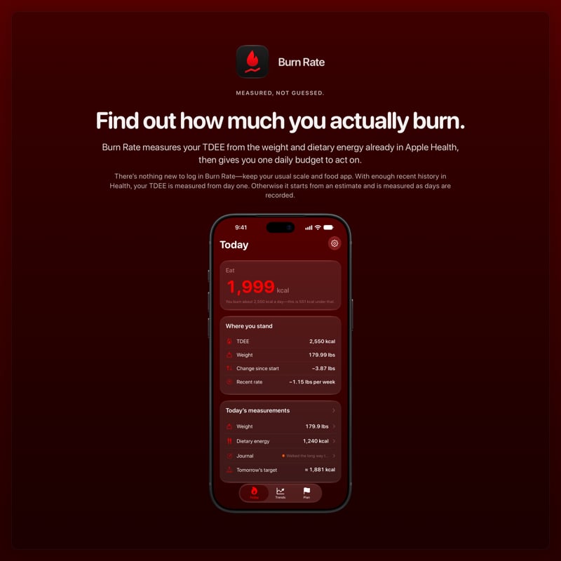The Burn Rate share image, showing the app on iPhone 18 Pro Max with its icon, name and headline for the loss story, in the Red tint, dark appearance.