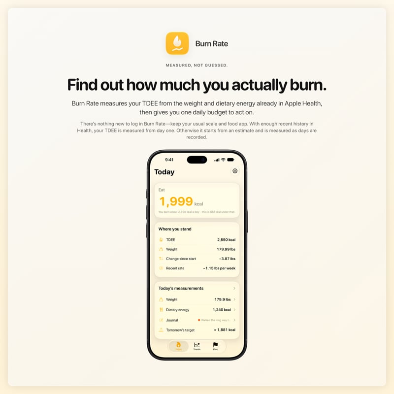 The Burn Rate share image, showing the app on iPhone 18 Pro Max with its icon, name and headline for the loss story, in the Yellow tint, light appearance.