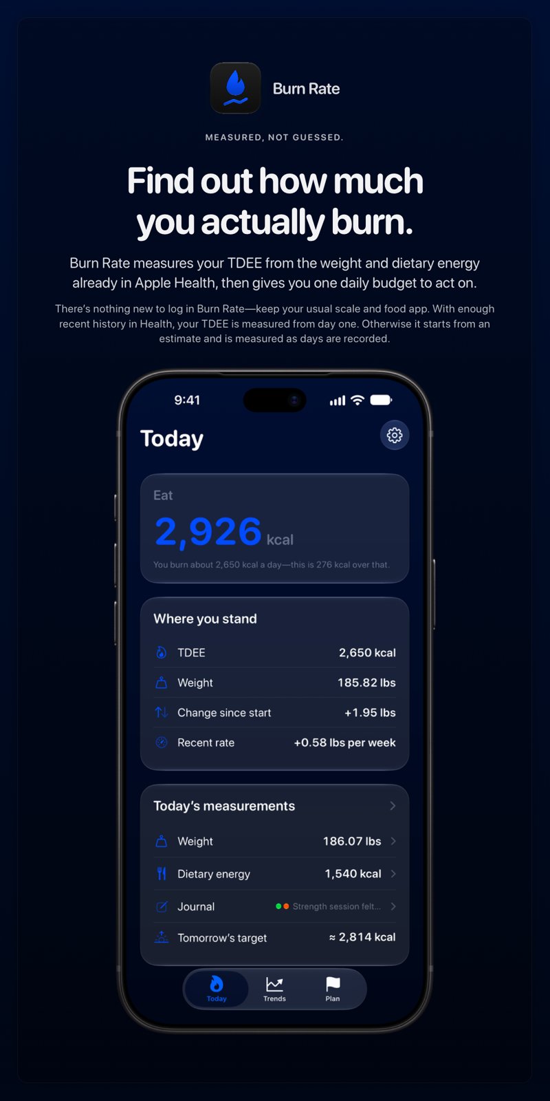 The Burn Rate share image, showing the app on iPhone 18 Pro Max with its icon, name and headline for the gain story, in the Blue tint, dark appearance.