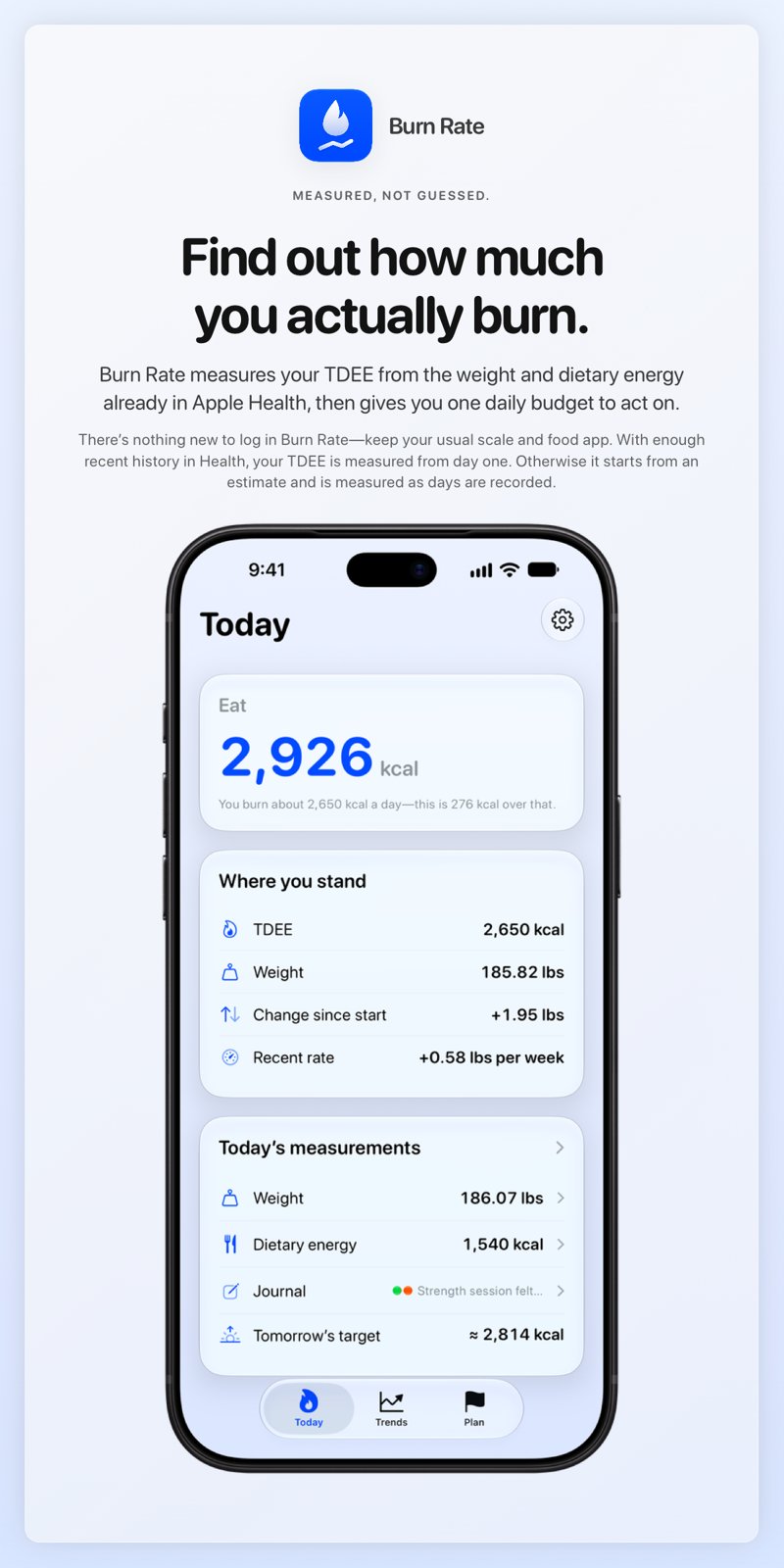 The Burn Rate share image, showing the app on iPhone 18 Pro Max with its icon, name and headline for the gain story, in the Blue tint, light appearance.