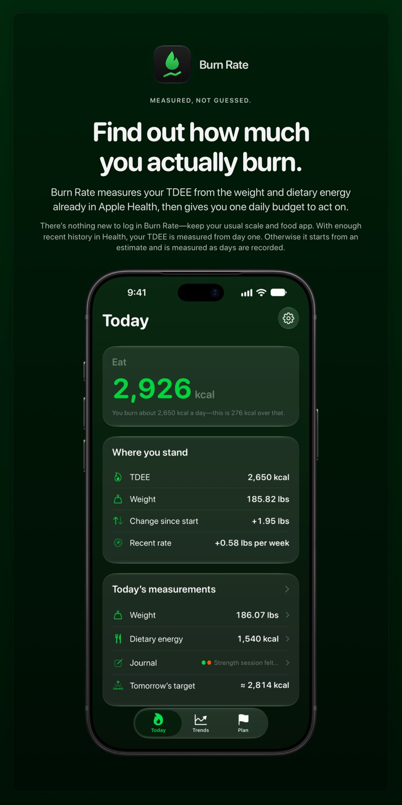 The Burn Rate share image, showing the app on iPhone 18 Pro Max with its icon, name and headline for the gain story, in the Green tint, dark appearance.
