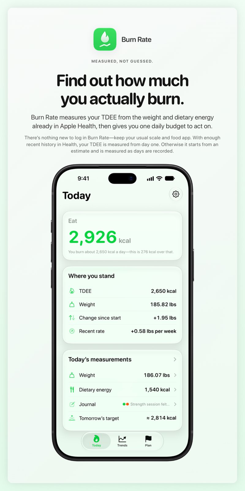 The Burn Rate share image, showing the app on iPhone 18 Pro Max with its icon, name and headline for the gain story, in the Green tint, light appearance.