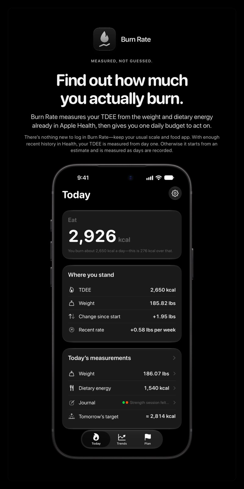 The Burn Rate share image, showing the app on iPhone 18 Pro Max with its icon, name and headline for the gain story, in the Grey tint, dark appearance.