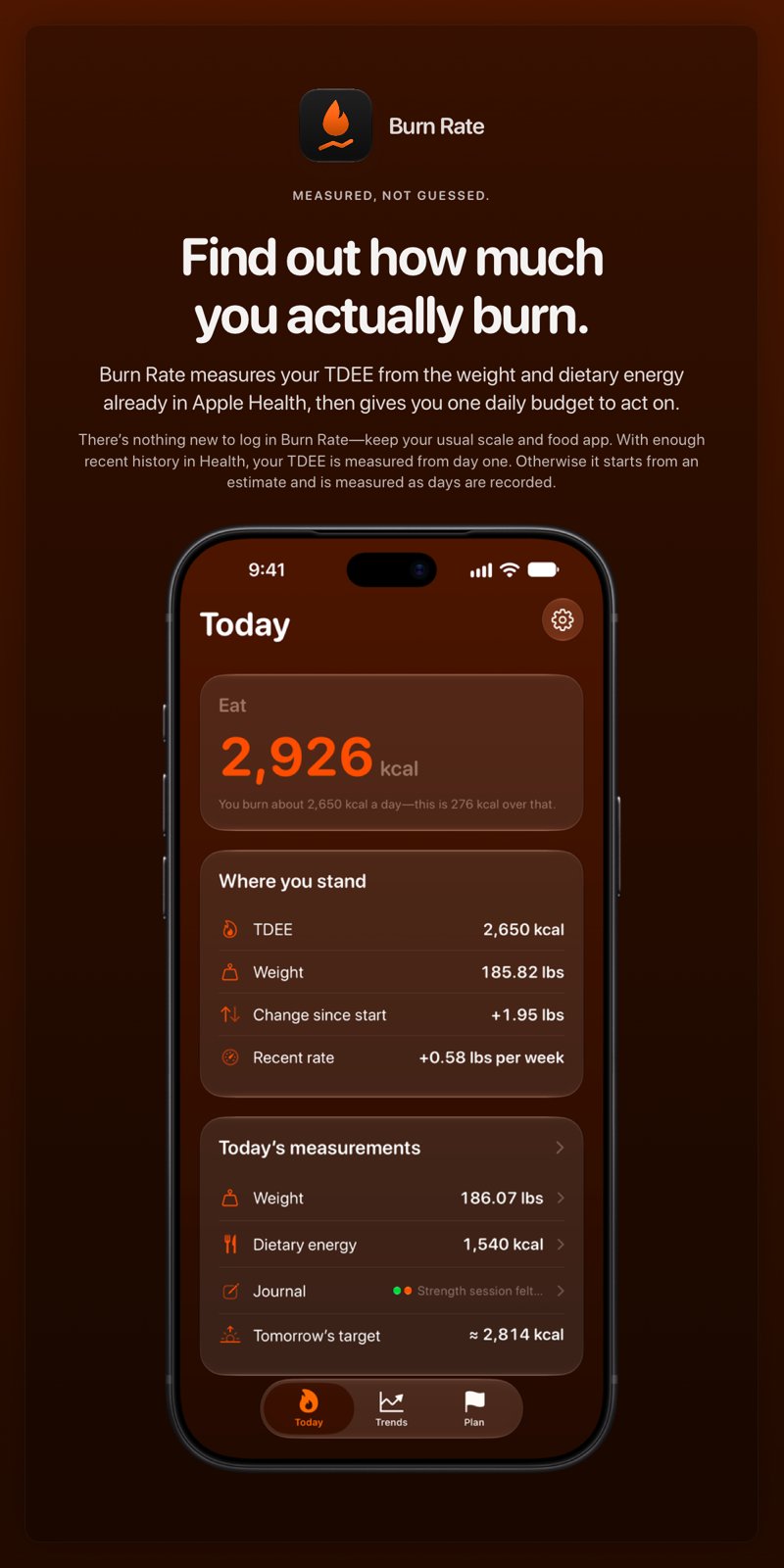 The Burn Rate share image, showing the app on iPhone 18 Pro Max with its icon, name and headline for the gain story, in the Orange tint, dark appearance.
