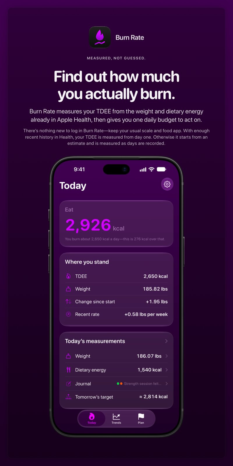 The Burn Rate share image, showing the app on iPhone 18 Pro Max with its icon, name and headline for the gain story, in the Purple tint, dark appearance.