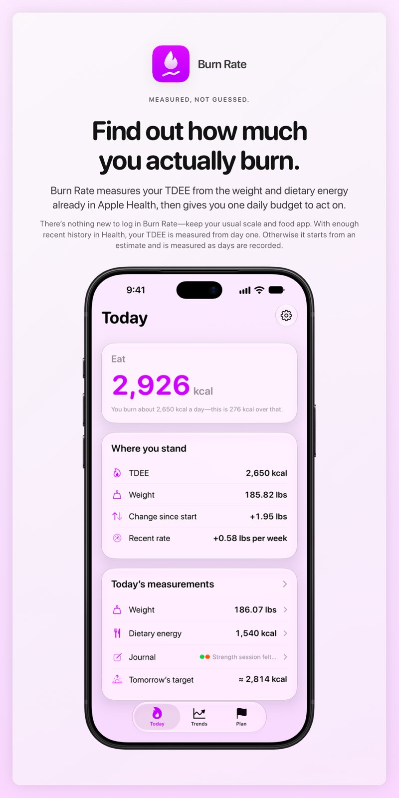 The Burn Rate share image, showing the app on iPhone 18 Pro Max with its icon, name and headline for the gain story, in the Purple tint, light appearance.