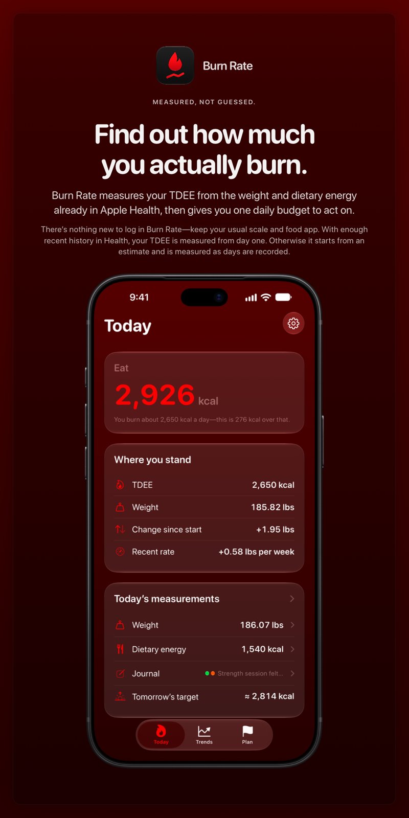 The Burn Rate share image, showing the app on iPhone 18 Pro Max with its icon, name and headline for the gain story, in the Red tint, dark appearance.