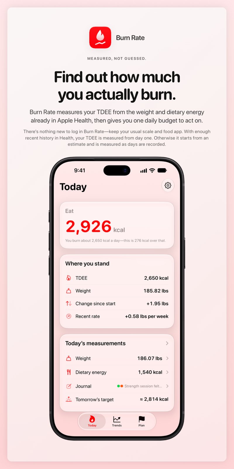 The Burn Rate share image, showing the app on iPhone 18 Pro Max with its icon, name and headline for the gain story, in the Red tint, light appearance.
