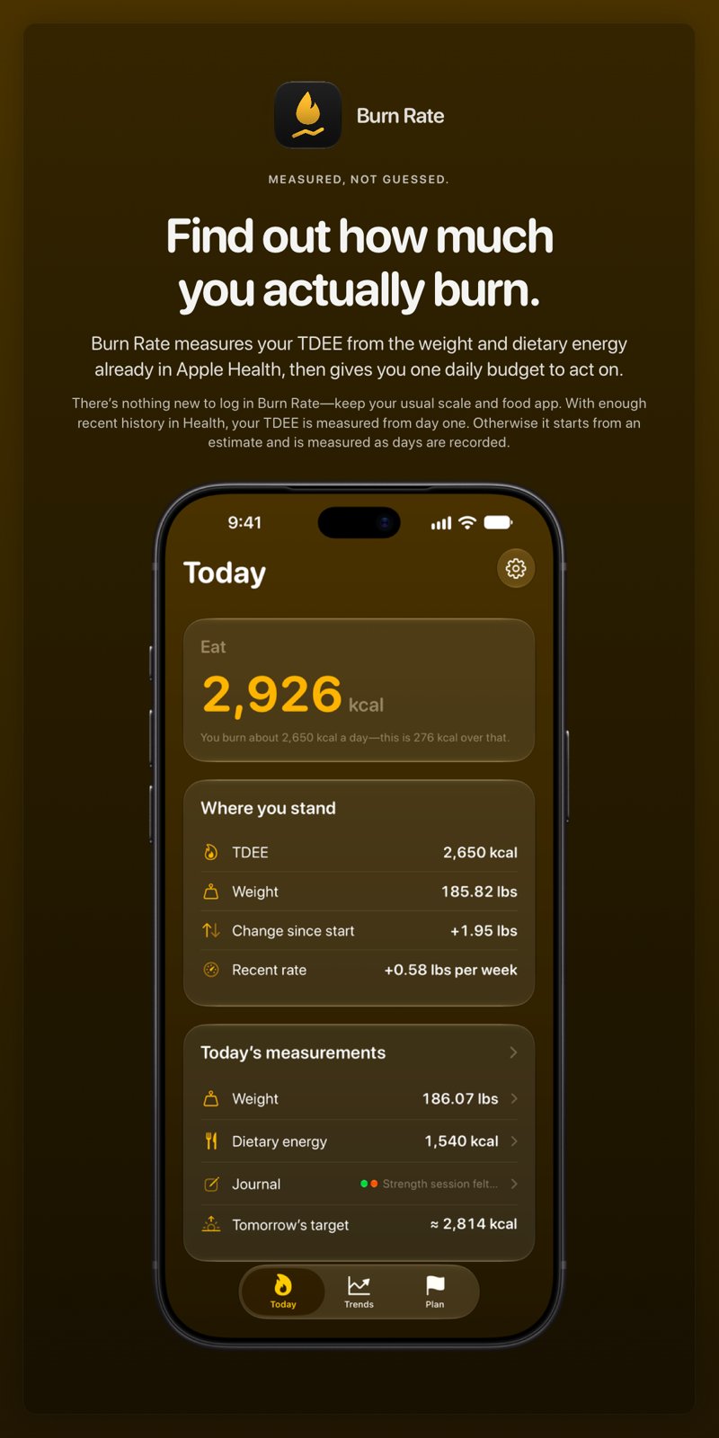 The Burn Rate share image, showing the app on iPhone 18 Pro Max with its icon, name and headline for the gain story, in the Yellow tint, dark appearance.