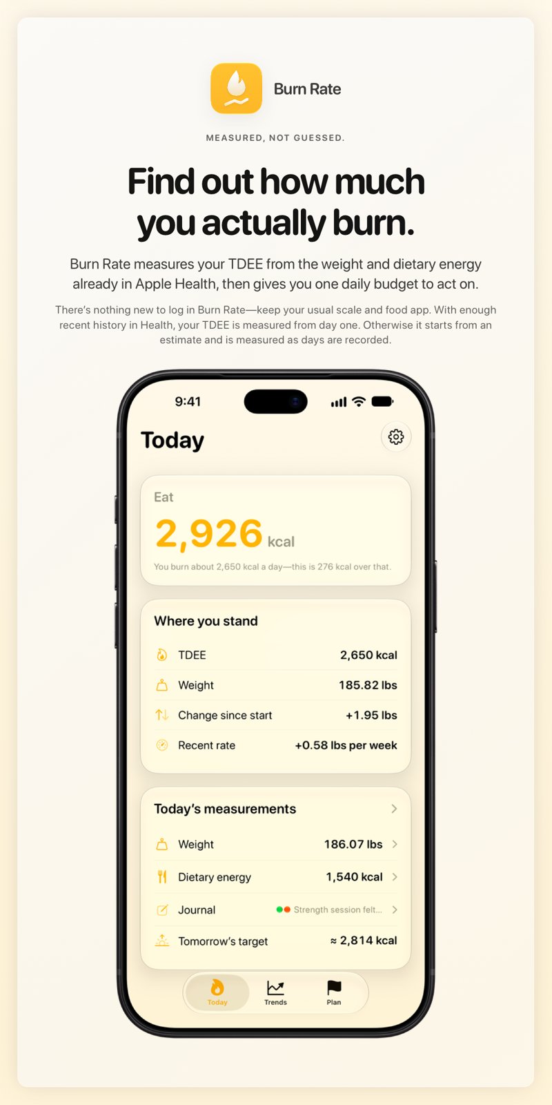 The Burn Rate share image, showing the app on iPhone 18 Pro Max with its icon, name and headline for the gain story, in the Yellow tint, light appearance.