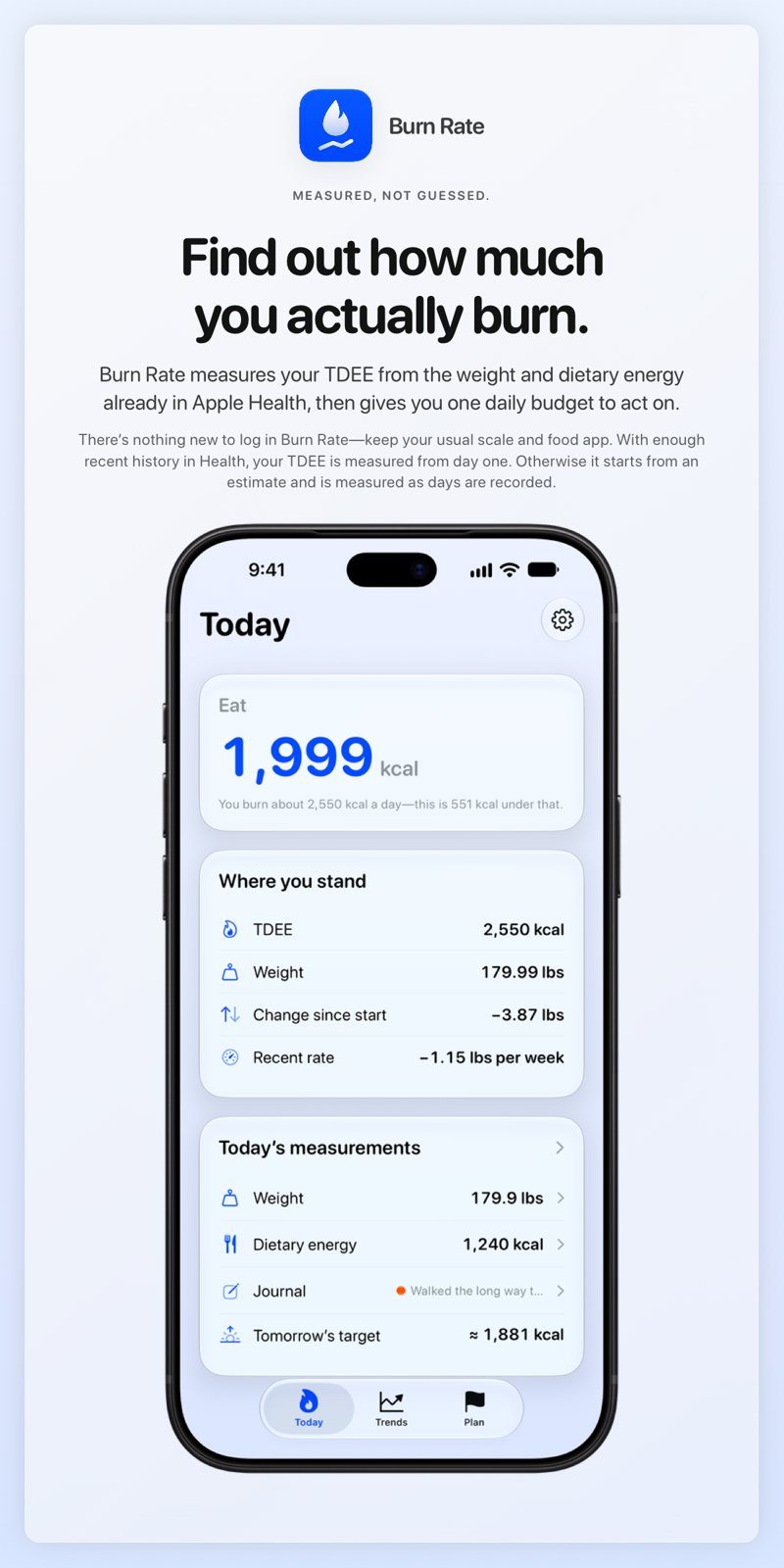 The Burn Rate share image, showing the app on iPhone 18 Pro Max with its icon, name and headline for the loss story, in the Blue tint, light appearance.