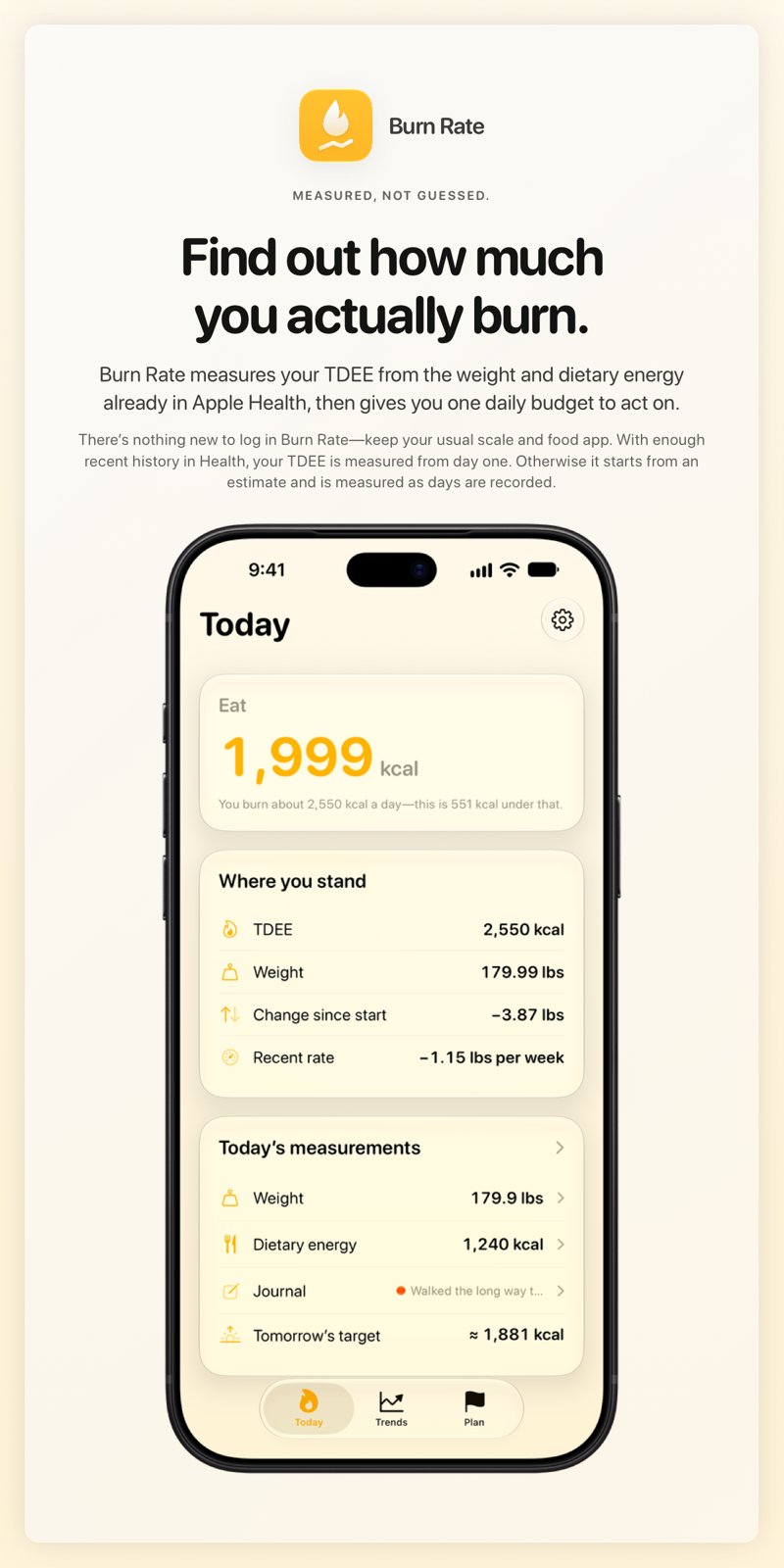 The Burn Rate share image, showing the app on iPhone 18 Pro Max with its icon, name and headline for the loss story, in the Yellow tint, light appearance.