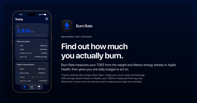 The Burn Rate share image, showing the app on iPhone 18 Pro Max with its icon, name and headline for the gain story, in the Blue tint, dark appearance.