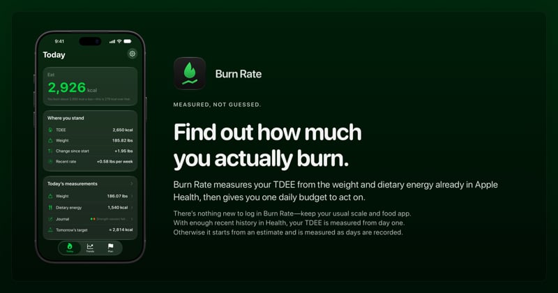 The Burn Rate share image, showing the app on iPhone 18 Pro Max with its icon, name and headline for the gain story, in the Green tint, dark appearance.