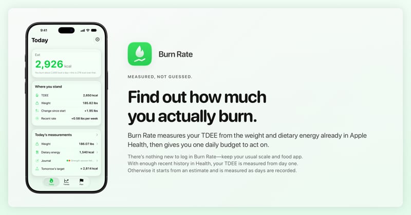 The Burn Rate share image, showing the app on iPhone 18 Pro Max with its icon, name and headline for the gain story, in the Green tint, light appearance.