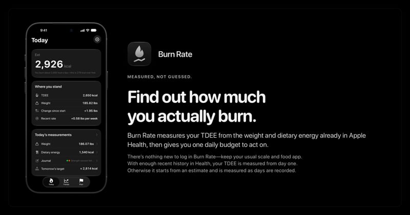 The Burn Rate share image, showing the app on iPhone 18 Pro Max with its icon, name and headline for the gain story, in the Grey tint, dark appearance.