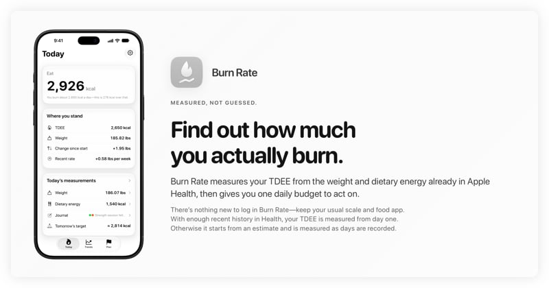 The Burn Rate share image, showing the app on iPhone 18 Pro Max with its icon, name and headline for the gain story, in the Grey tint, light appearance.