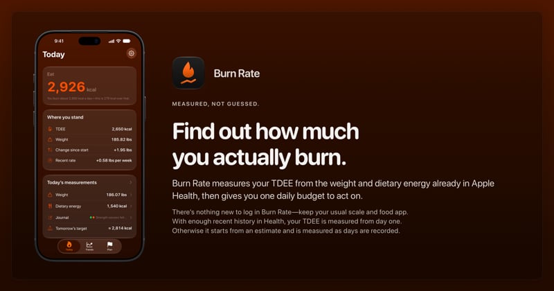 The Burn Rate share image, showing the app on iPhone 18 Pro Max with its icon, name and headline for the gain story, in the Orange tint, dark appearance.