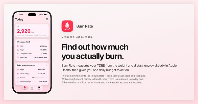 The Burn Rate share image, showing the app on iPhone 18 Pro Max with its icon, name and headline for the gain story, in the Pink tint, light appearance.
