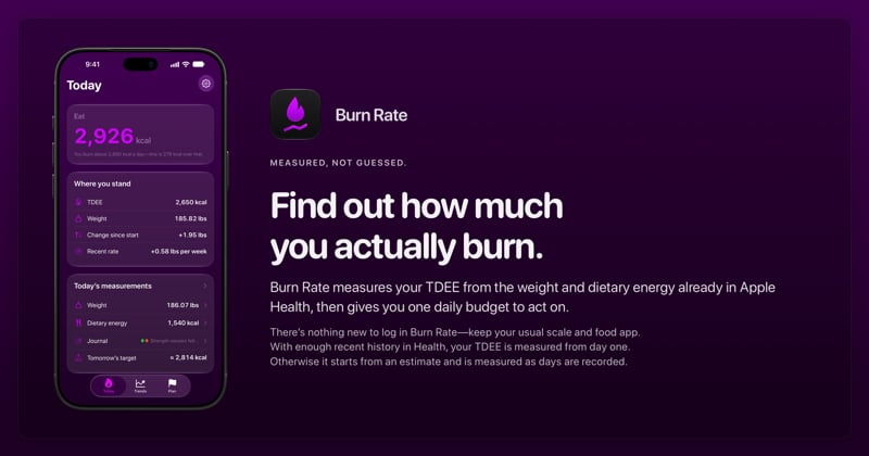 The Burn Rate share image, showing the app on iPhone 18 Pro Max with its icon, name and headline for the gain story, in the Purple tint, dark appearance.