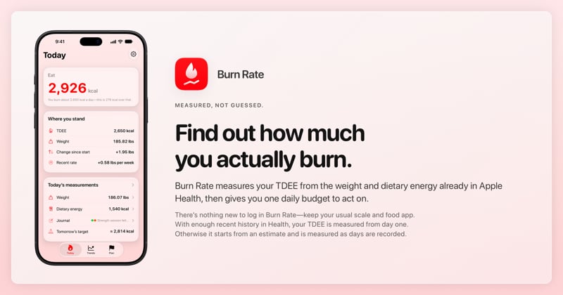 The Burn Rate share image, showing the app on iPhone 18 Pro Max with its icon, name and headline for the gain story, in the Red tint, light appearance.